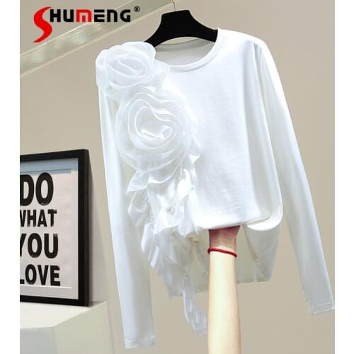 2021 Autumn New Loose Solid Color Casual Pullover Top for Ladies Three-Dimensional Flower Decorative Long-Sleeved T-shirt Women