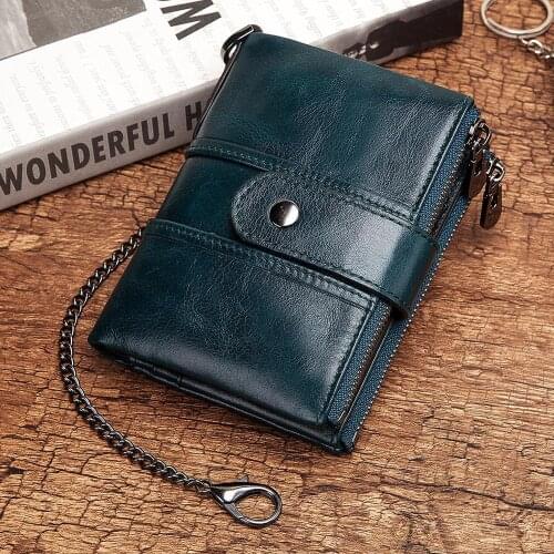 New Trend Male Wallet Rfid Chain Wallet Crazy Horse Genuine Leather Short Small wallets With Coin Pocket portomonee Money Purse