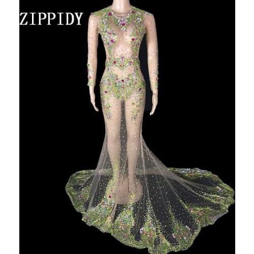 Multi-color Crystals Respective Long Train Dress Super luxurious Big Tail Dress Evening Costume Wedding Celebrate Dress