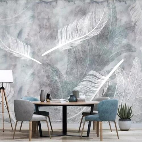 Wellyu Nordic watercolor hand-painted feathers modern minimalist TV background wall custom large-scale murals green wallpaper