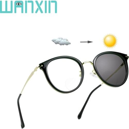 Wanxin Fashion Round Glasses, Bifocal Reading Glasses,Photochromic Dark Grey Sunglasses