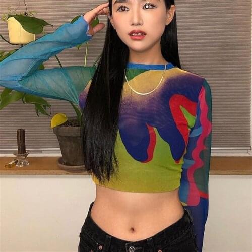 Y2K Womens Sheer Mesh T-Shirts See Through Crop Tops Long Sleeve Abstract Print Crew Neck Slim Fit Ladies Tshirt