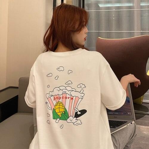 Women T Shirt Funny Popcorn pattern Tshirt Vintage Harajuku T-shirt Female Korean Style Fashion Women Short Sleeve Tops Tees
