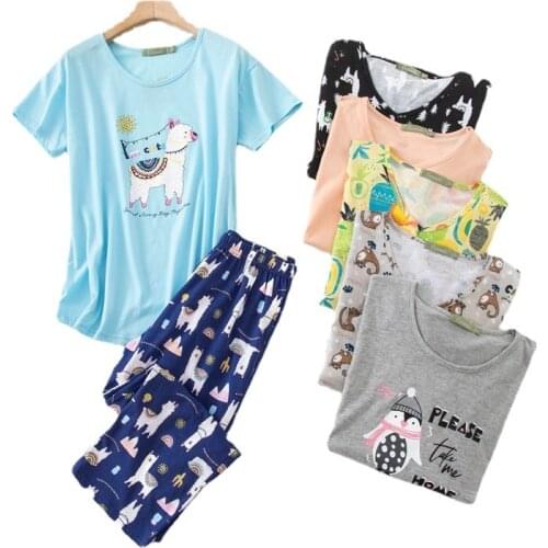 Womens Pajamas Set for Spring and Summer Short-sleeved Cropped Trousers Animals Printing Home Suit Cute Sweet Pajama Set Women