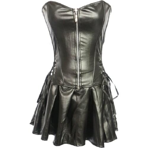 Women Sexy Gothic Steampunk Overbust Faux Leather Corset Skirt Set Burlesque Corselet Lingerie Plus Size S-6XL