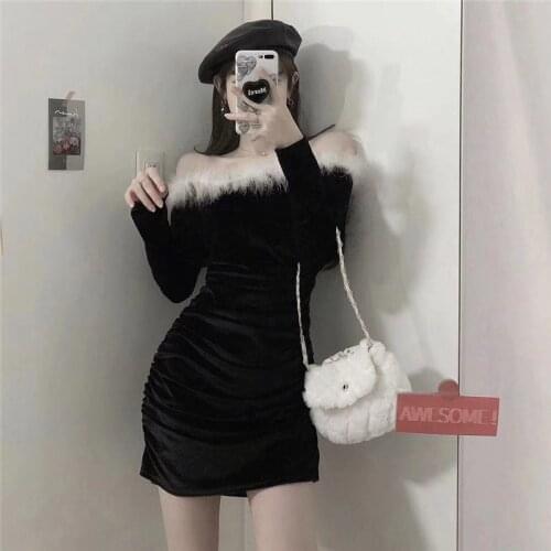 2021 New Sexy Women dress Spring Autumn Slash neck Fur collar Velvet Black dress Slim Party dresses Ladies bing Korean style