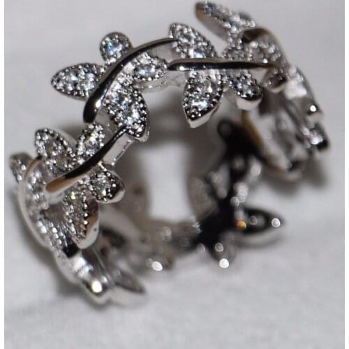 Size 5-10 Brand New Sexy Luxury Jewelry 925 Sterling Silver 5A White Clear Zirconia CZ Women Wedding Party Leaf Band Ring Gift