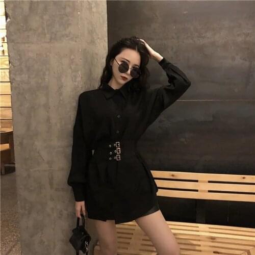 2020 autumn and winter new sexy loose mid-length black shirt skirt metal buckle waist dress women dropshipping jupe taille