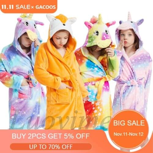 Winter Cartoon Kids Bathrobe Unicorn Bath Robe For Girls Pyjamas Children Dressing Gown Baby Boy Sleepwear Animal Hooded Towel