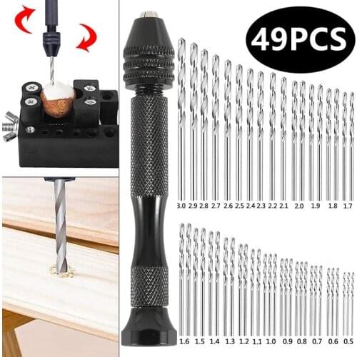 49PCS Mini Manual Twist Drill Bit Set Micro Aluminum Hand Drill with Keyless Chuck HSS Woodworking Drilling Rotary Tools