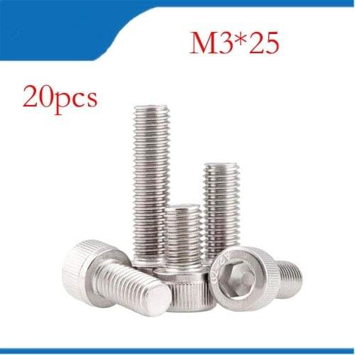 Free shipping 20PCS m3 screws M3*25 bolts m3 screws M3 nails DIN912 Fine thread stainless steel hex hexagon socket cap head