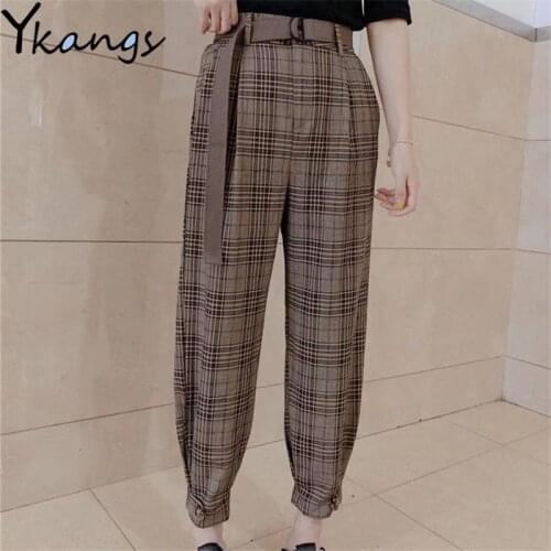 Khaki check pants womens high waist slimming early autumn new Korean style Harem pants streetwear harajuku lattice trousers