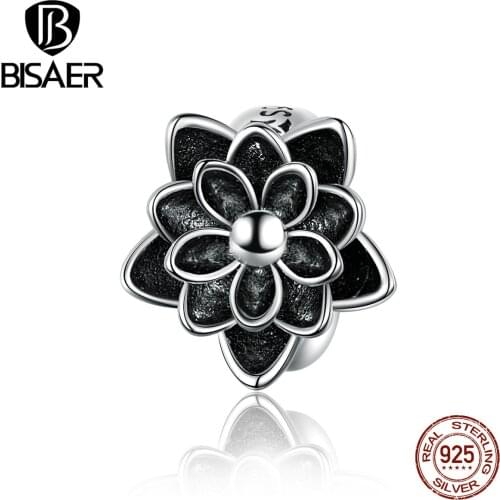 BISAER Lotus Beads 925 Sterling Silver Black Enamel Lotus Flower Charms Beads fit Women Bracelets Bangles DIY Jewelry ECC1196