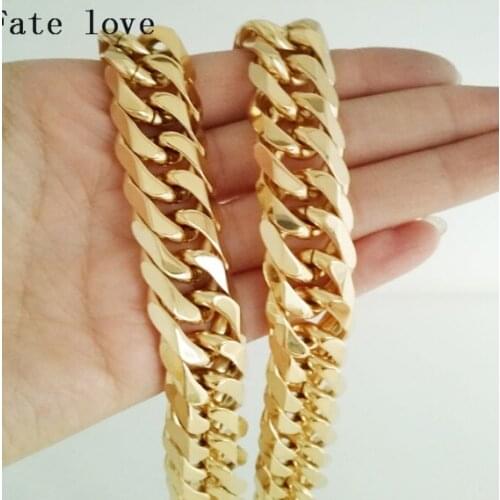 Fate love 12mm 23.6'' Pure Gold Stainless Steel Double Curb Link Necklace Chain Cool Mens Strong Jewelry