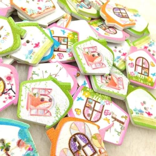 50pcs 25MM House Wood Buttons 2Holes Sewing Crafts Accessories WB244