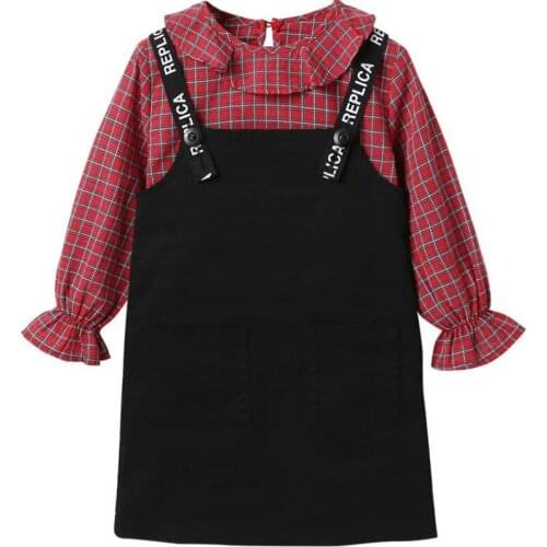 DFXD Girls Clothing Sets 2019 Autumn Fashion Long Sleeve Plaid Doll Shirt+Strap Dress Two Piece Outfits 3-12Yrs Girls Clothes