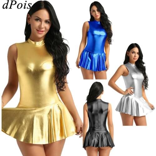 Women Soft Stretchy Zipper Dance Dress With Safe Shorts Latin Jazz Dress Party Shiny Leather Stand Collar Sleeveless Dresses