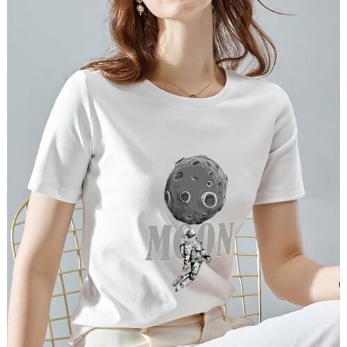 Womens Fashion T-shirt Summer Casual Commuter White Top Cartoon Anime Moon Print Round Neck Comfortable Ladies Soft Shirt