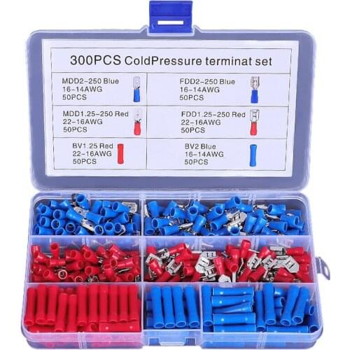 300pcs box insulated crimp terminals, round / spade / bullet head male and female red / blue electrical terminals connectors