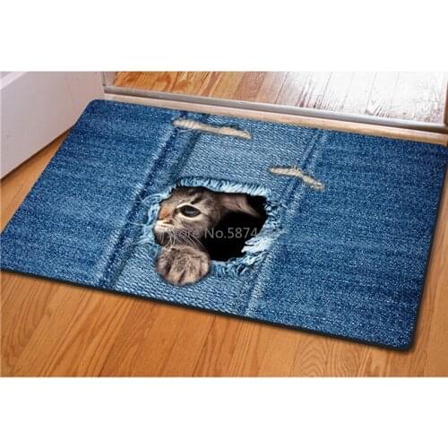 Cute Cat Floor Mat Washable Denim Cat Rug Bath Mats Foot Pad Home Decor Non-Slip Kitchen Bathroom Living Room Mats