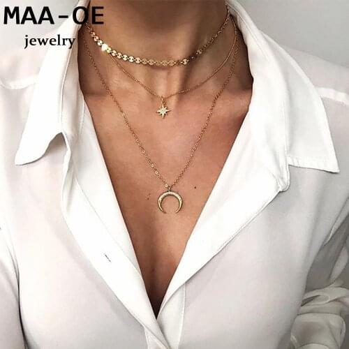 Fashion Gold Sequin Crystal Sun Horns Pendant Necklaces For Women Necklace 2020 Multi Level Female Boho New Vintage Jewelry Gift