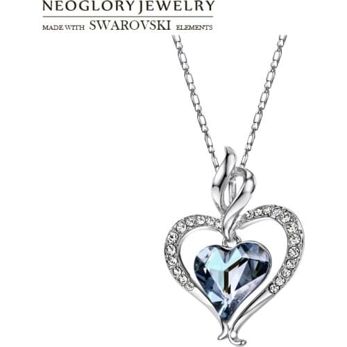 Neoglory Austria Crystal & Rhinestone Long Pendant Charm Necklace Romantic Blue Love Heart Lady Valentines Memorial Gift Sale