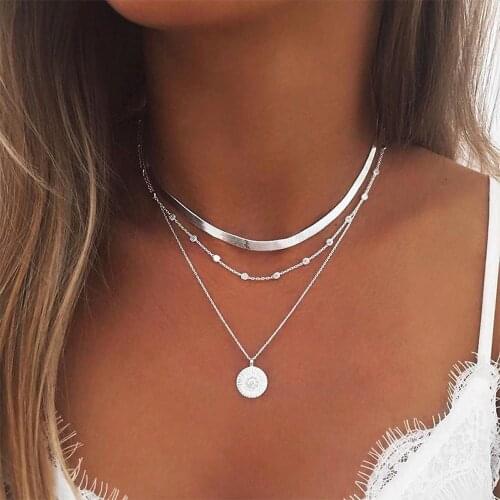 2021 Summer New Style Lotus Necklaces Jewelry Girl Silver Color Bohemia Alloy Necklace Multilayer Chain For Women