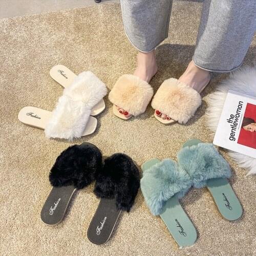 New Ins Fashion Plush Shoes Womens Fashion Pure Color Simple Outer Wear Plush Slippers Indoor Home Plush Slippers