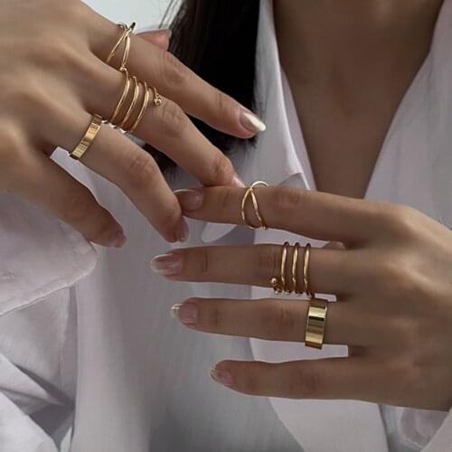 New Punk Finger Rings 6pcs/set Minimalist Smooth Gold/Black Geometric Metal Rings for Women Girls Party Jewelry bijoux femme