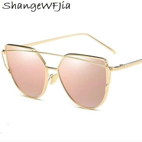 Hot Sale Mirror Flat Lens Women Cat Eye Sunglasses Classic Brand Designer Twin-Beams Rose Gold Frame Sun Glasses for Women