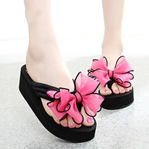 Summer Beach Outdoor Slippers Fashion Platform Wedges Lace Bowknot Flip Flops Women High Heels Chunky Candy Color Home Slides