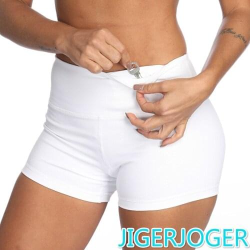 JIGERJOGER High waistband with a pocket solid white black shorts yoga shorts outdoor running fitness tight sports bottom short