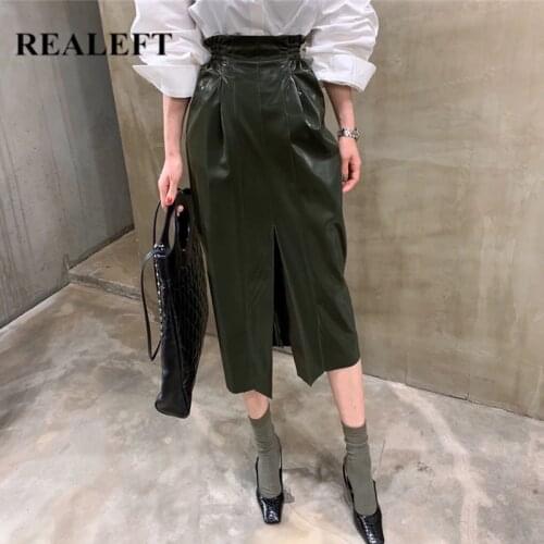 REALEFT 2020 New Autumn Winter PU Faux Leather Women Long Skirt High Waist Elegant Front Split Mid-calf A-Line Wrap Skirts Lady