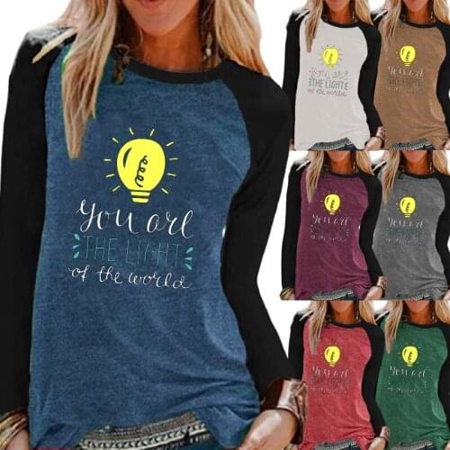 Autumn Fashion Ladies Casual Long-sleeved Shirt Clothing Round Neck Loose Print Color Block T-shirt Oversized Womens T-shirt