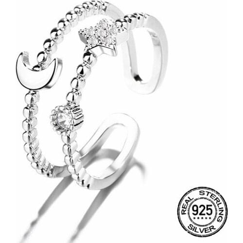 S925 Silver Star Moon Zircon Double Rings For Women Open Simple Adjustable Korean Fashion New Trendy Lady Student Jewelry INEFFA
