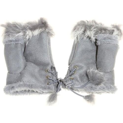 GAOKE Cute Plush/Suede Leather Gloves faux Rabbit Hair Wrist Fingerless Mittens For Women High Quality Half Finger Female Mitten