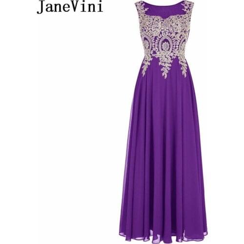 JaneVini 2018 Luxurious Gold Lace Appliques Beaded Purple Bridesmaid Dresses for Women A Line Sheer Back Chiffon Long Prom Gowns
