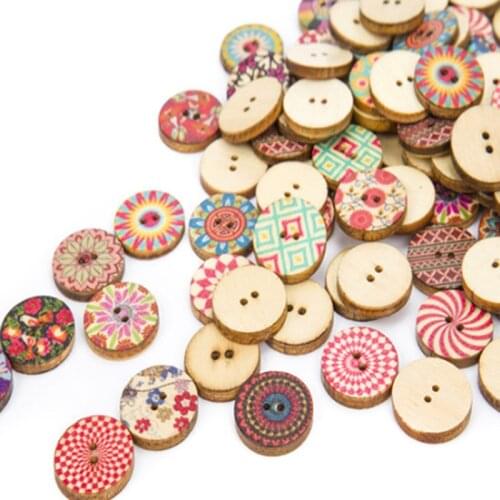 50pcs 15/20/25mm Multi Pattern Wooden Buttons 2 Hole Round Buttons Aperture For Sewing DIY Handcraft Scrapbook Supplies WD0085