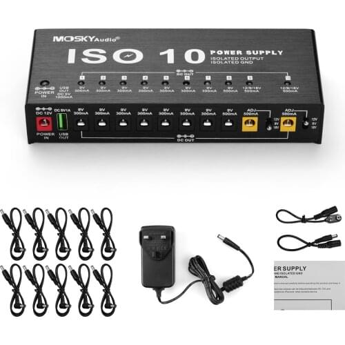 MOSKY ISO-10 Portable Guitar Effect Power Supply Station 10 Isolated DC Outputs & One 5V USB Output for 9V 12V 18V Guitar Effect