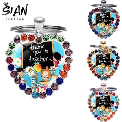 SIAN Thank You Teacher Quotes Rhinestone Glass Cabochon Keychain Water Drop Keychains Pendant Key Chain Ring Holder For Kid Gift