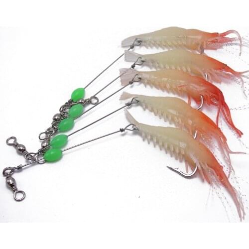 CATCHSIF 5pcs Illuminating Fishing Lure Soft Shrimp Body with Hooks and Luminous Beads deep water night
