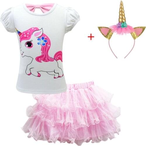 Childrens suits baby girls clothes set fashion 2019 unicorn lol pattern T-shirt lace skirt cute kids wear for birthday party