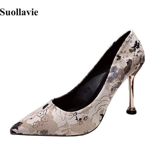 Suollavie elegant women pumps floral female shoes thin heel dress stiletto high heels women mixed color pumps shallow 2020 heels