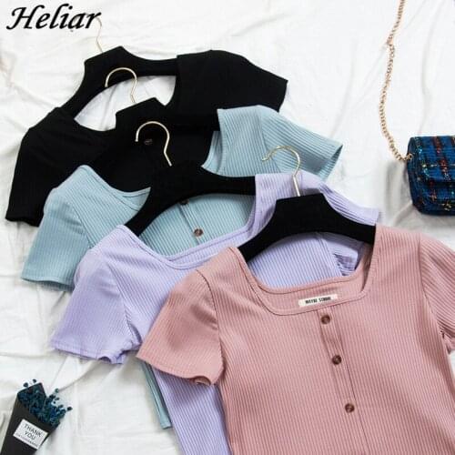 HELIAR Women T-shirts Square Collar Knitting T-shirts With Buttons Cotton LadiesSolid Short Sleeve T-shirts 2020 Summer Women
