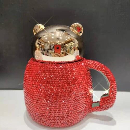 Creative ceramic bear coffee cup leakproof diamond inlaid flash tumbler cup portable with lid handle coffee cute water bottle