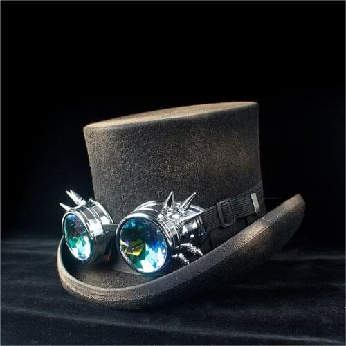 Fashion Retro Steampunk Top Hat With Gear Glasses Lady Visor Cap Dad 100% Wool Fedora Magician Party Hat