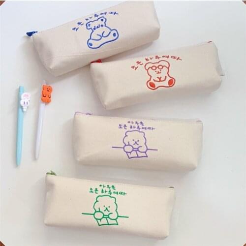 Cartoon Canvas Pencil Case Line Embroidery Bear Stationery Storage Bag Girl Student Portable Pen Bag Makeup Bag