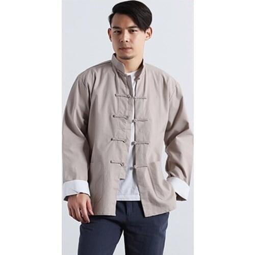 Autumn Chinese Style Shirt Men Solid Casual Button Cotton Stand Collar Streetwear Shirts Long Sleeve Tang Suit Men Tops KK3447