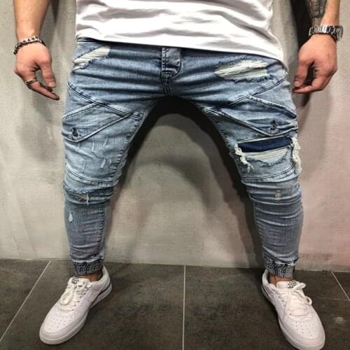 Men casual jeans spring and autumn new style washed distressed hole slim-fit jeans male blue pencil pants men denim pants