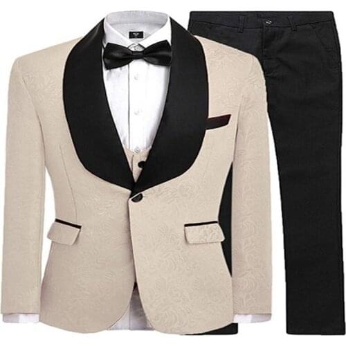 Custom Mens Suit Champagne Groomsmen One Button Groom Tuxedos Shawl Black Satin Lapel Wedding Best Man (jacket+pants+vest)